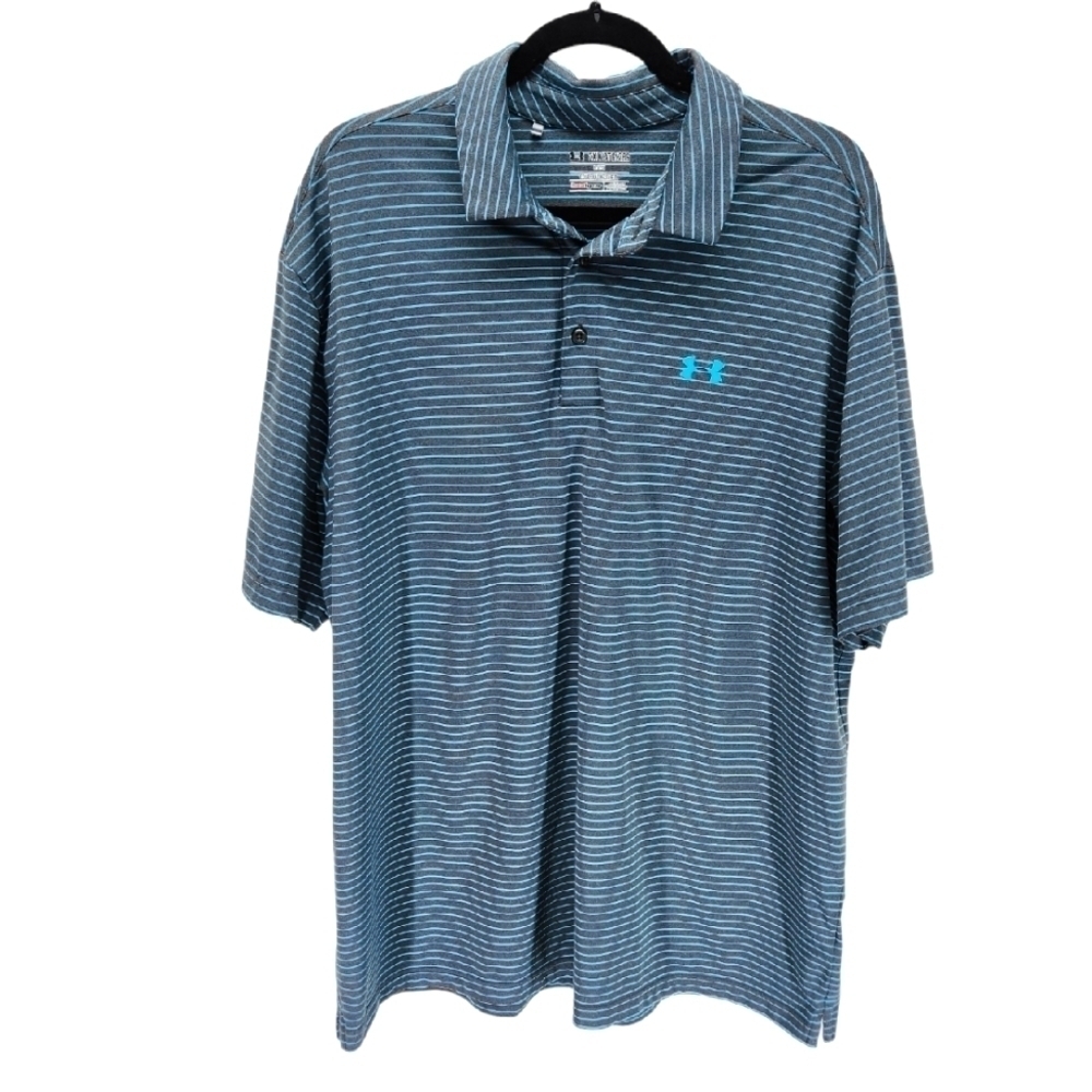 Under Armour Heat Gear Short Sleeve Polo Shirt Mens 2XL Blue Gray Striped